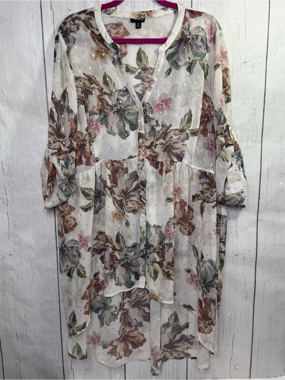 Torrid Floral Chiffon Babydoll Tunic Top Size 3X Plus Cottagecore Boho Romantic